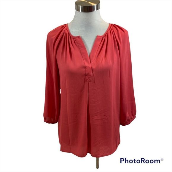 Violet & Claire Tops - Violet + Claire Coral Split Neck Long Sleeved Sheer Blouse Size Medium